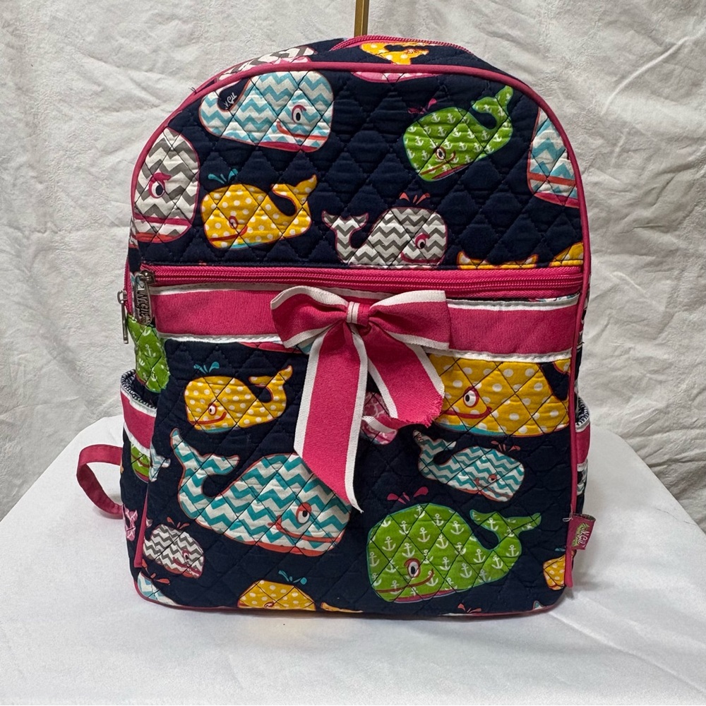 N.Gil Narwhal World quilted canvas backpack/diaper bag with whales and pink trim - Picture 2 of 13